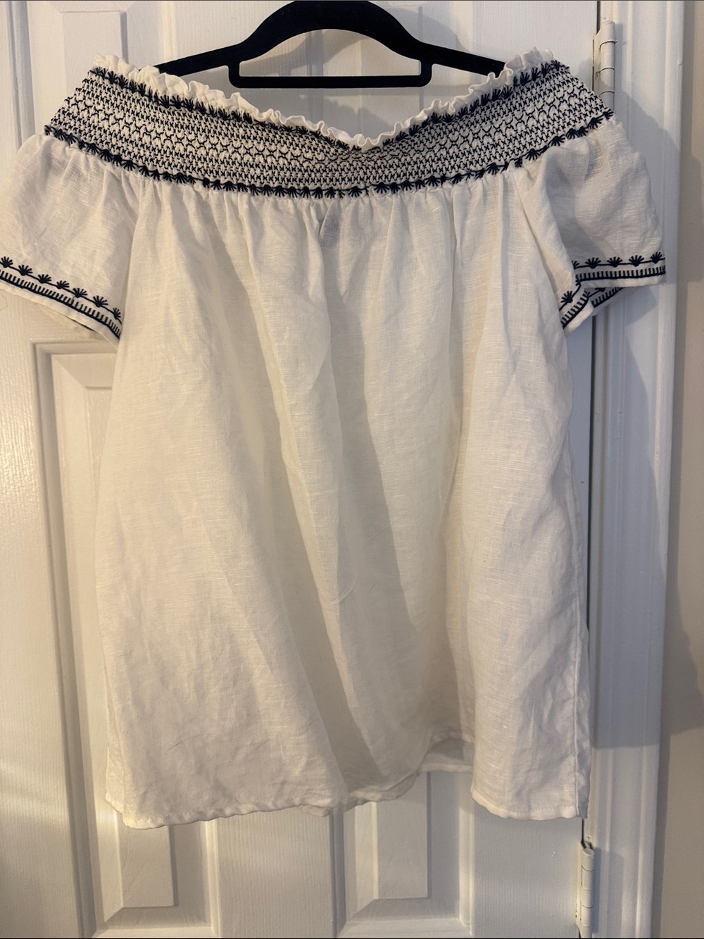 Ann Taylor White Off-Shoulder Top with Black Embroidery